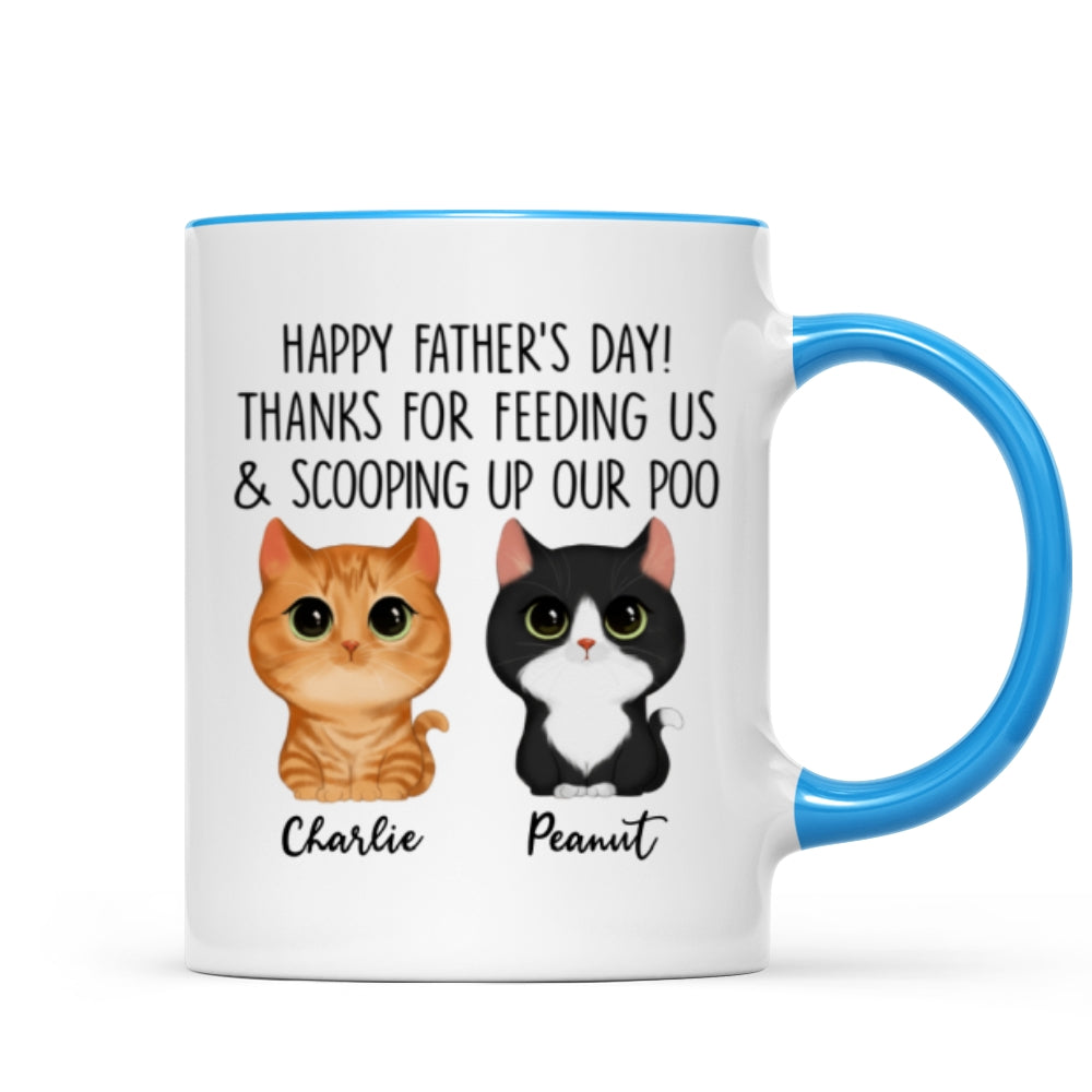 Happy Father's Day Thanks For Feeding Me And Scooping Up My Poo Watercolor Cute Cats Personalized Mug