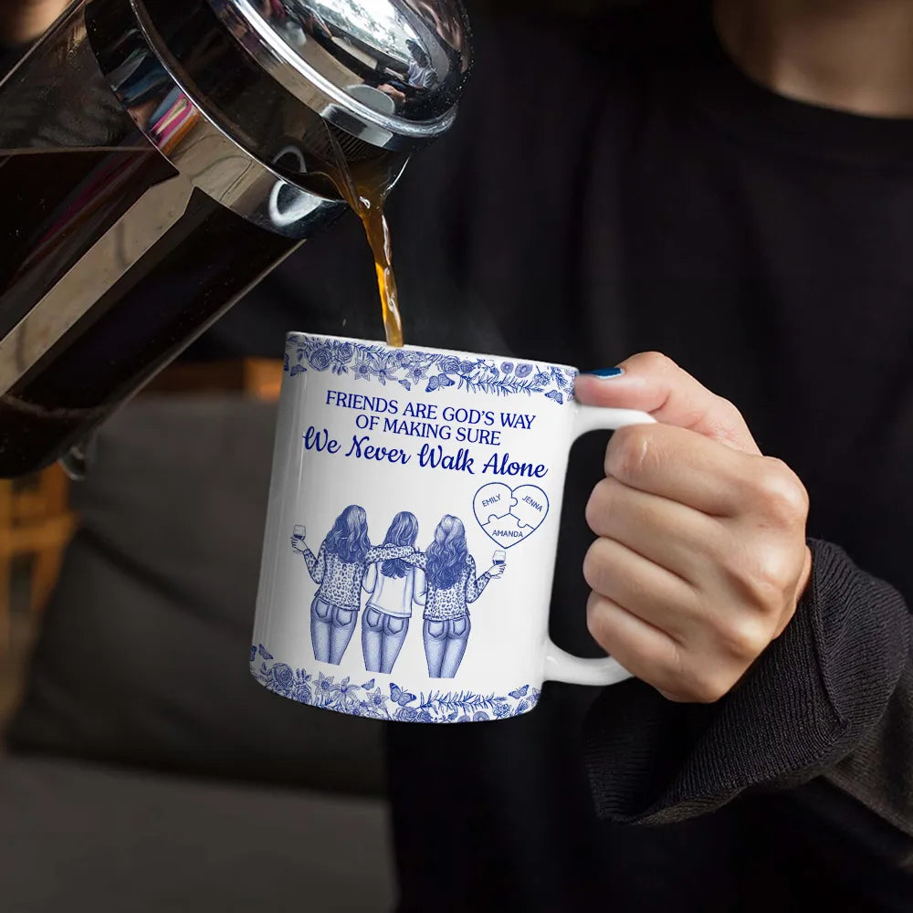 A Friend Is God's Way Of Making Sure We Never Walk Alone Toile - Personalized White Edge-to-Edge Mug
