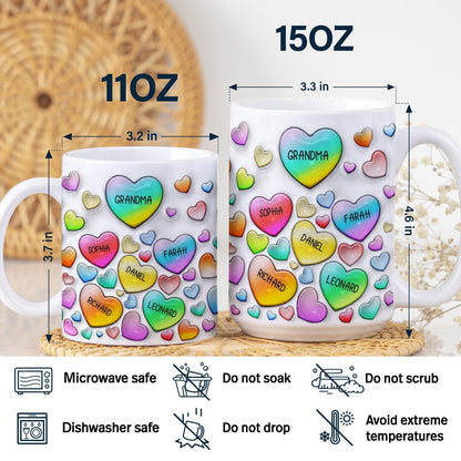 Grandma's Sweethearts Heart By Heart - Gift For Nana, Mom, Mama - 3D Inflated Effect Printed Mug, Personalized White Edge-to-Edge Mug