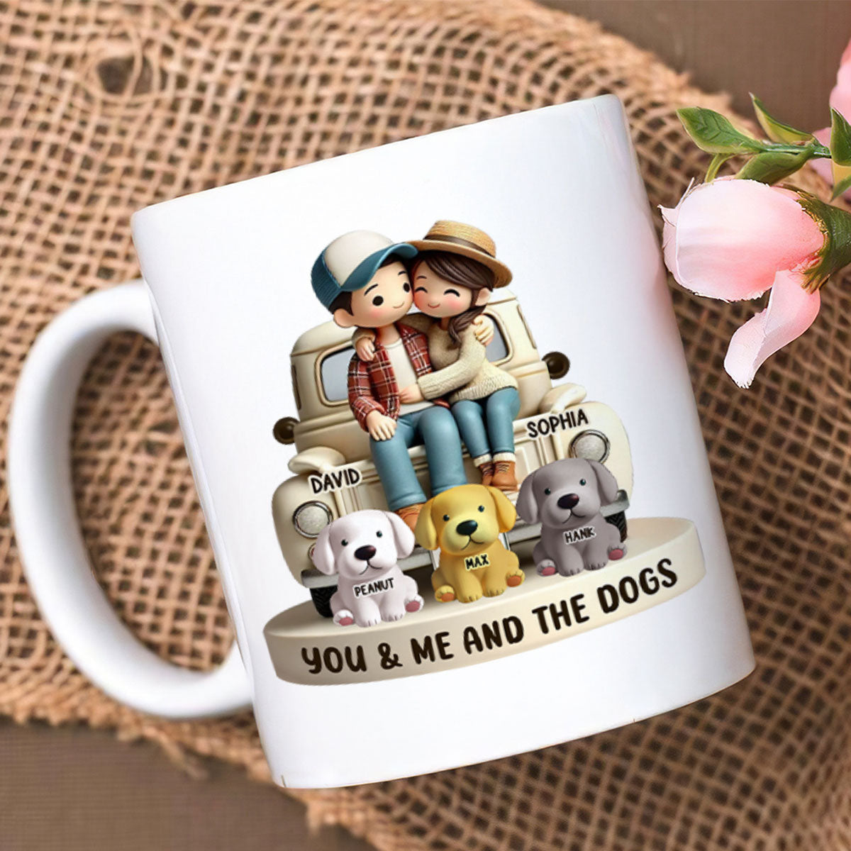 Couple On Truck You Me And The Dog Cats Personalized Mug, Heartfelt Gift For Couple, For Dog Lovers, Cat Lovers, Pet Lovers