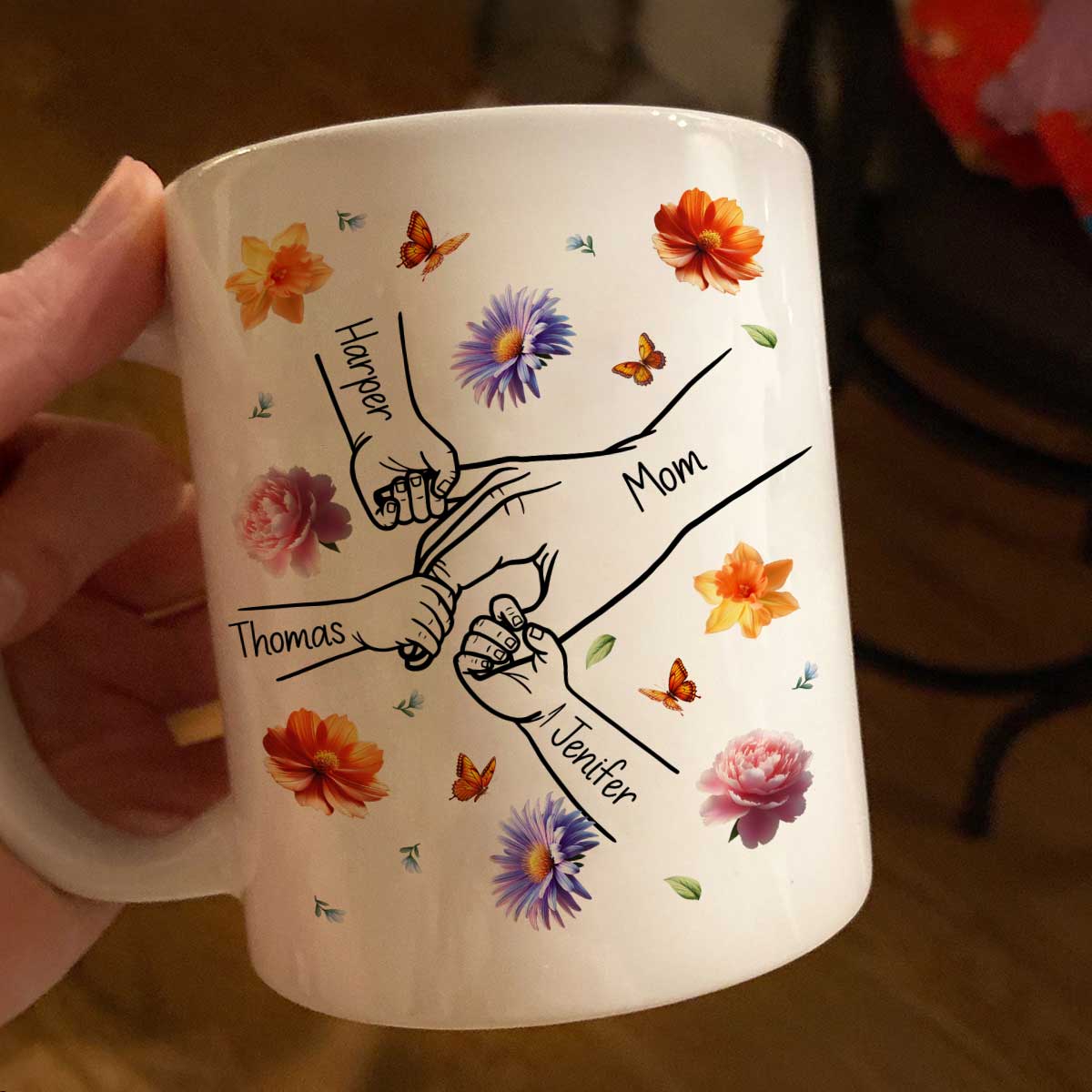 Grandma Mom 3D Effect Birth Flower Kids Holding Hand Outline Personalized Mug