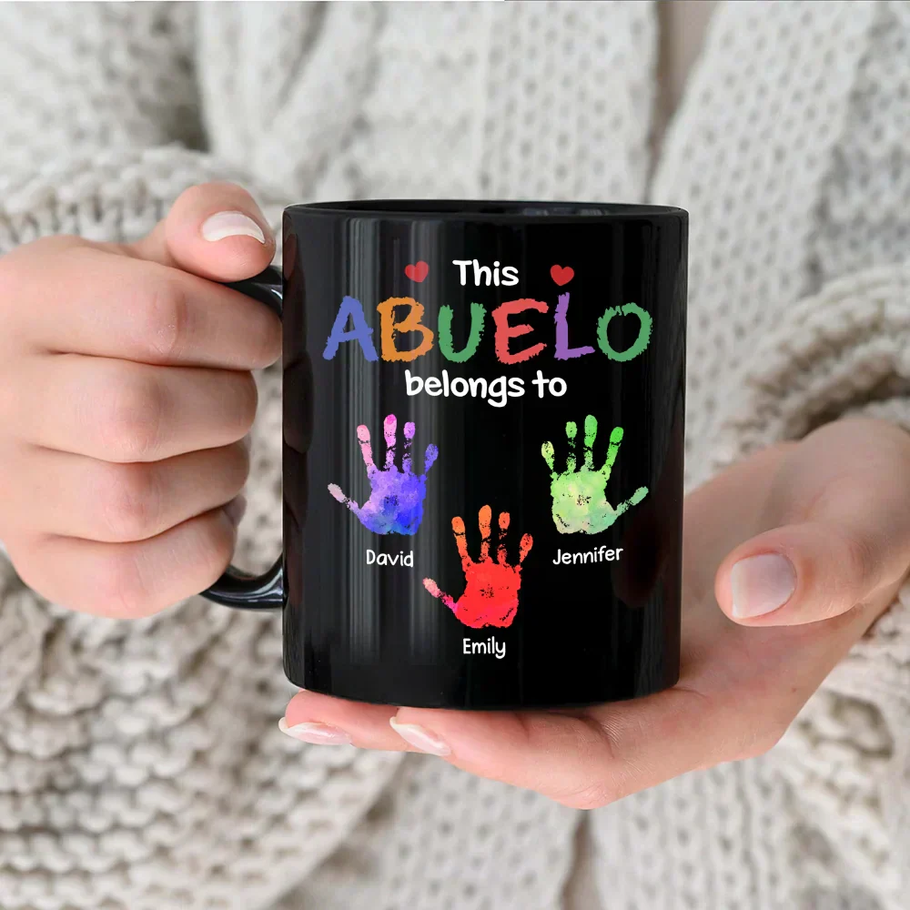 This Grandpa Belongs To Hand Prints Doodle - Personalized Black Mug