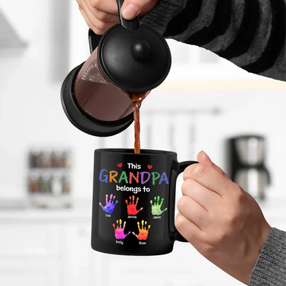 This Grandpa Belongs To Hand Prints Doodle - Personalized Black Mug