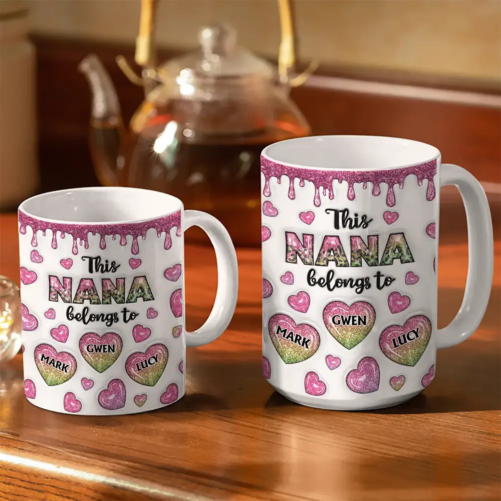 This Mom Grandma Belongs To Heart Icon - 3D Inflated Effect Printed, Personalized White Edge-to-Edge Mug
