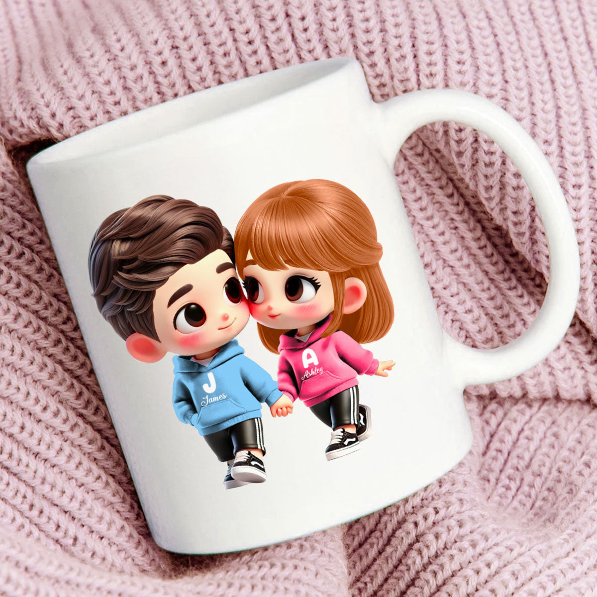 3D Effect Cute Cartoon Couple Holding Hands Personalized Mug, Anniversary & Gift for him, Gift for her