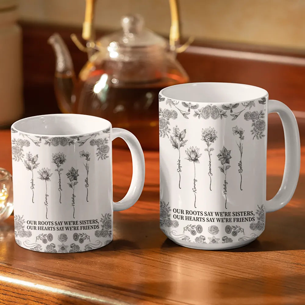 Toile De Jouy Birth Flower Sisters From The Same Garden - Personalized White Edge-to-Edge Mug