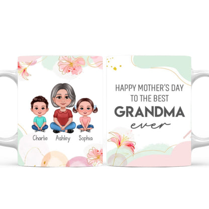 Happy Mother's Day Best Grandma Ever Pretty Woman & Kids Watercolor Abstract Personalized Mug
