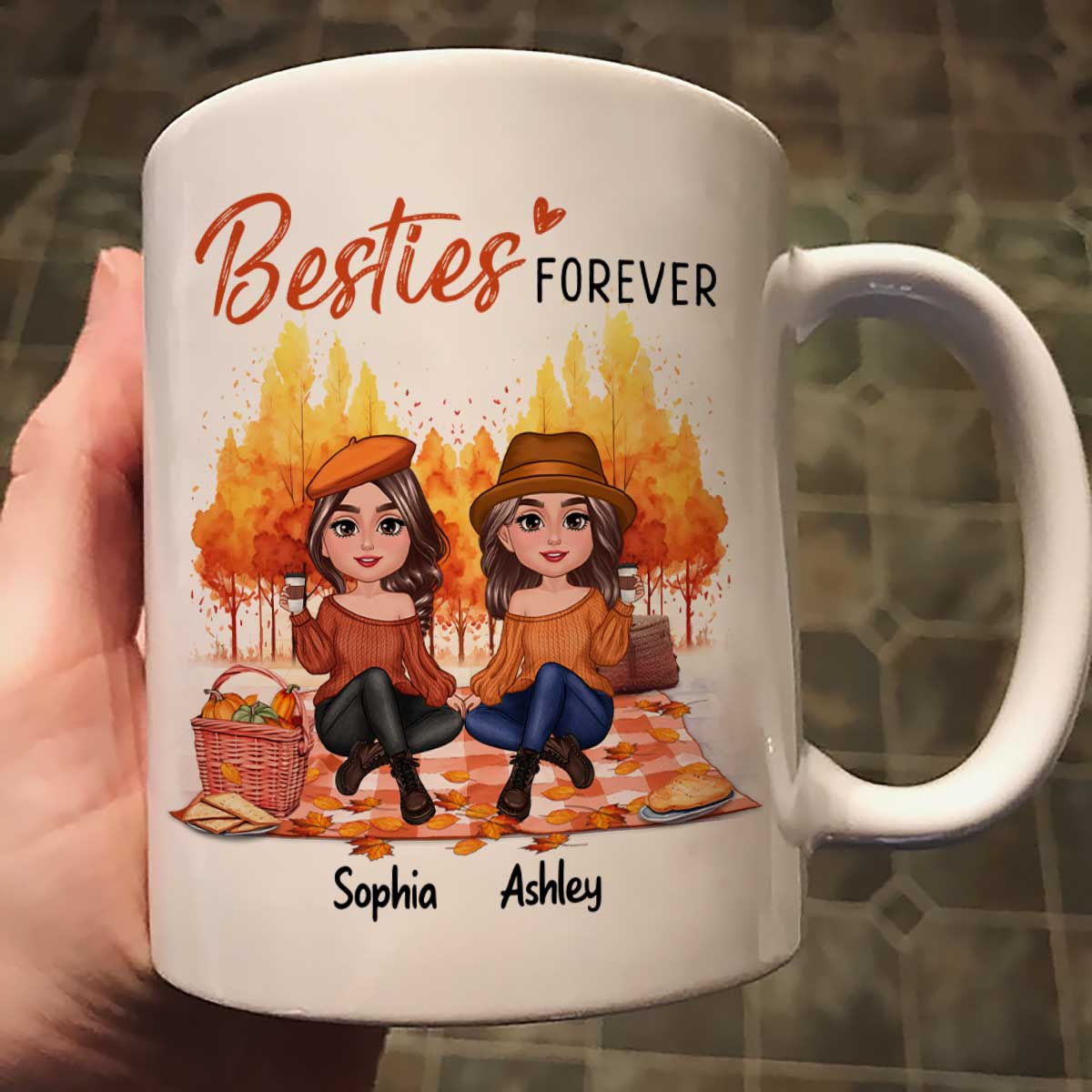 Fall Season Besties Best Friends Pretty Women Picnic Autumn Themed Personalized Mug