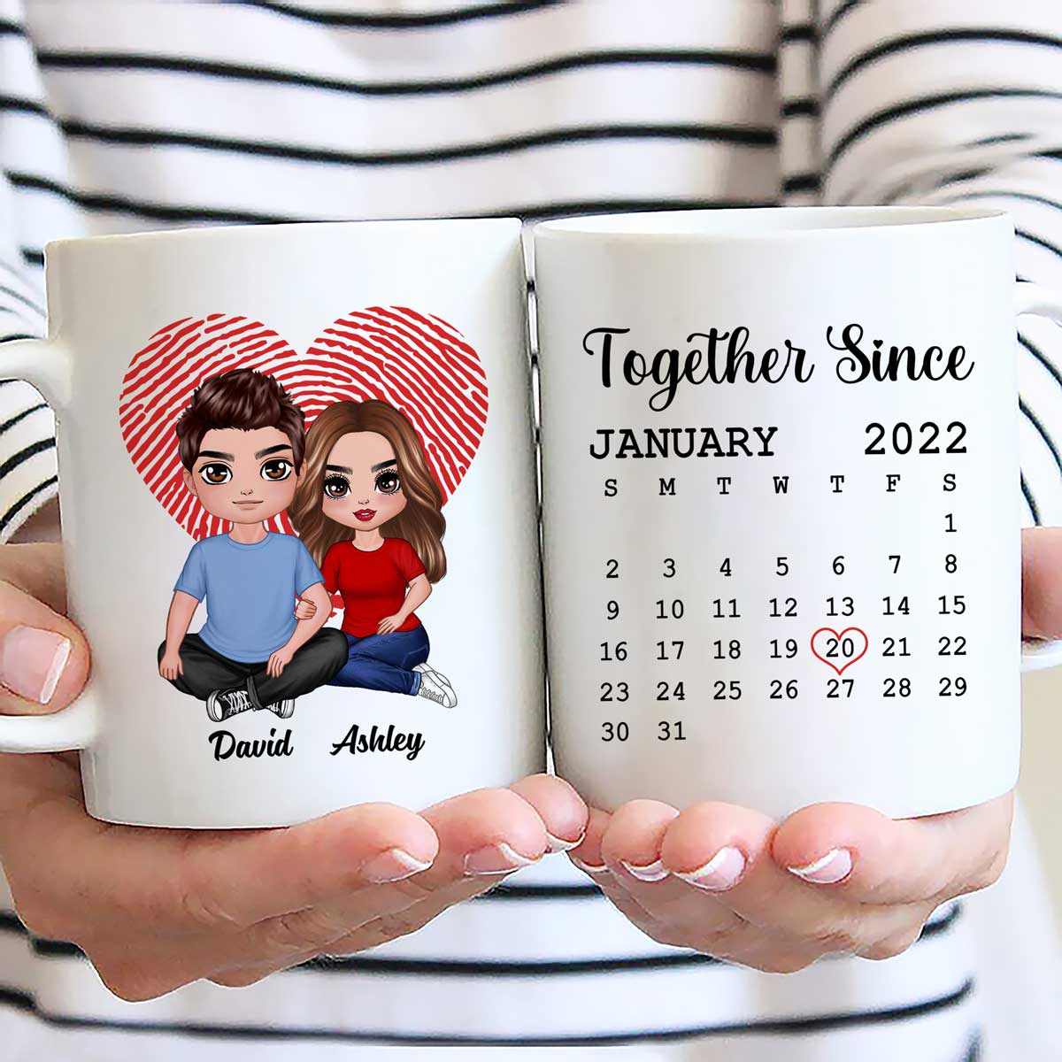 Fingerprint Heart Embracing Doll Couple Sitting Calendar Anniversary Date Gift For Him For Her Personalized Mug