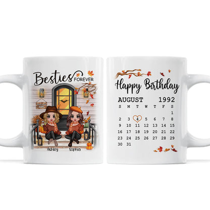 Besties Sisters Forever Happy Birthday Calendar Doll Girl Sitting Fall Season Front Porch Personalized Mug