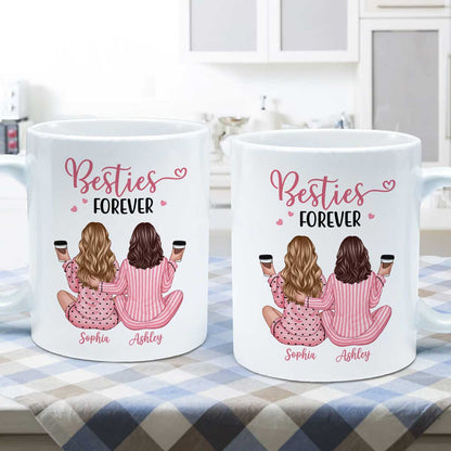 Pink Pajamas Besties, Besties Forever Personalized Mug, Heartfelt Gift For Best Friends, BFF
