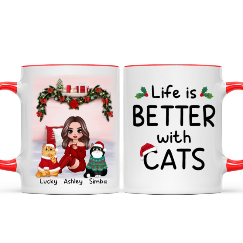Christmas Cat Mom Sitting On Bed Life Is Better With Cats Personalized Mug