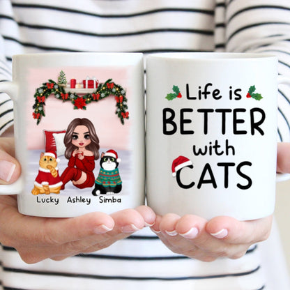 Christmas Cat Mom Sitting On Bed Life Is Better With Cats Personalized Mug