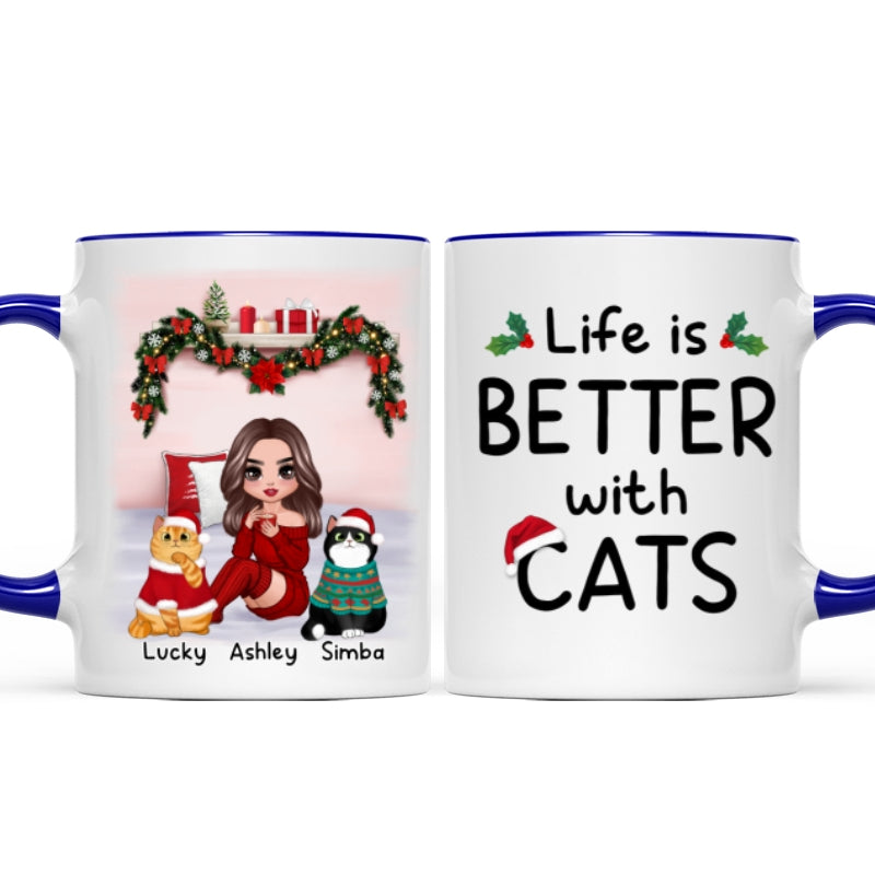 Christmas Cat Mom Sitting On Bed Life Is Better With Cats Personalized Mug