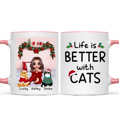 Christmas Cat Mom Sitting On Bed Life Is Better With Cats Personalized Mug