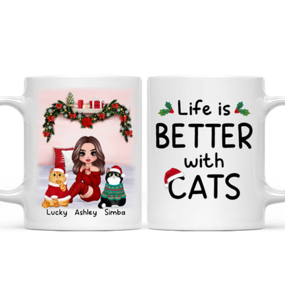 Christmas Cat Mom Sitting On Bed Life Is Better With Cats Personalized Mug