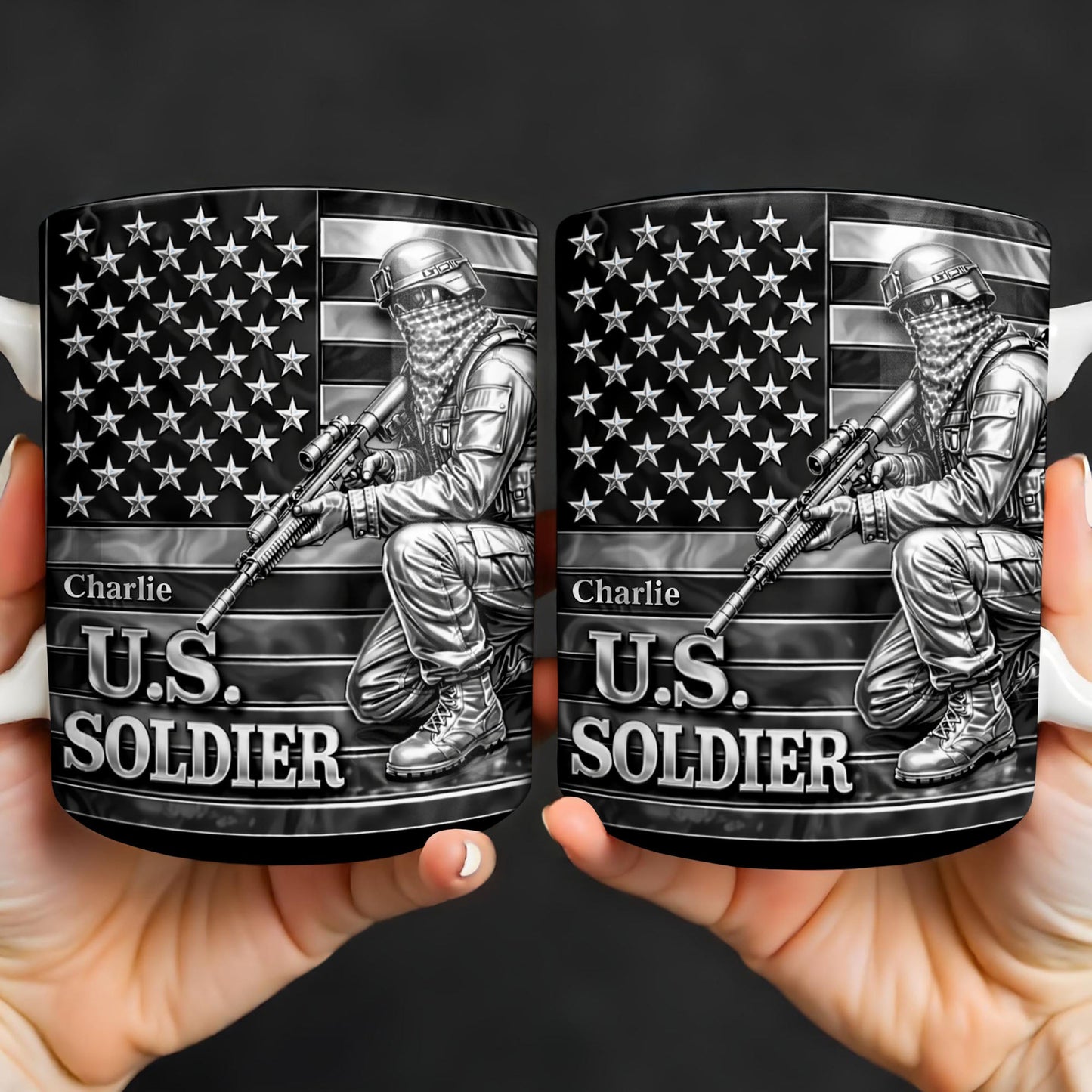 U.S. Soldier With American Flag - Personalized Custom Coffee Mug - VTR004_MG
