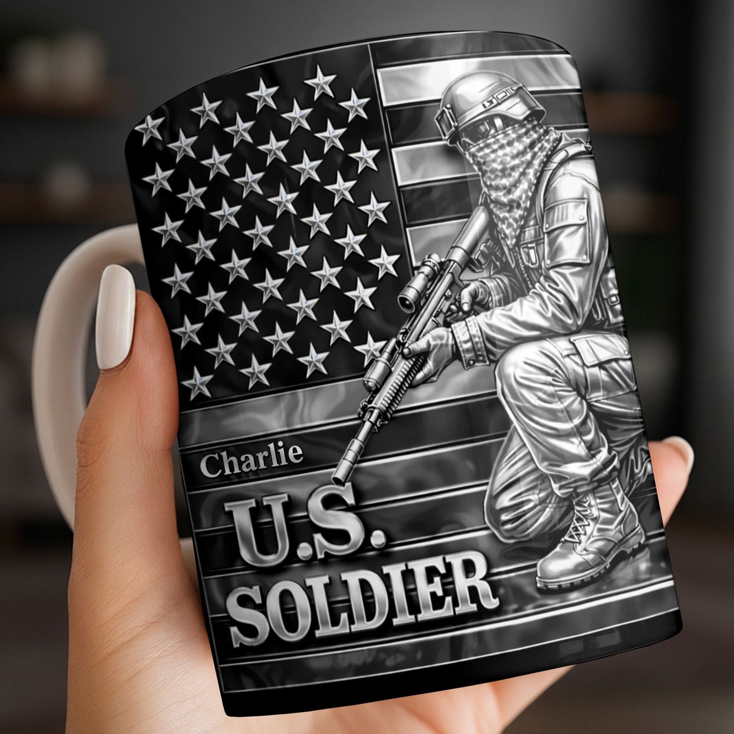 U.S. Soldier With American Flag - Personalized Custom Coffee Mug - VTR004_MG
