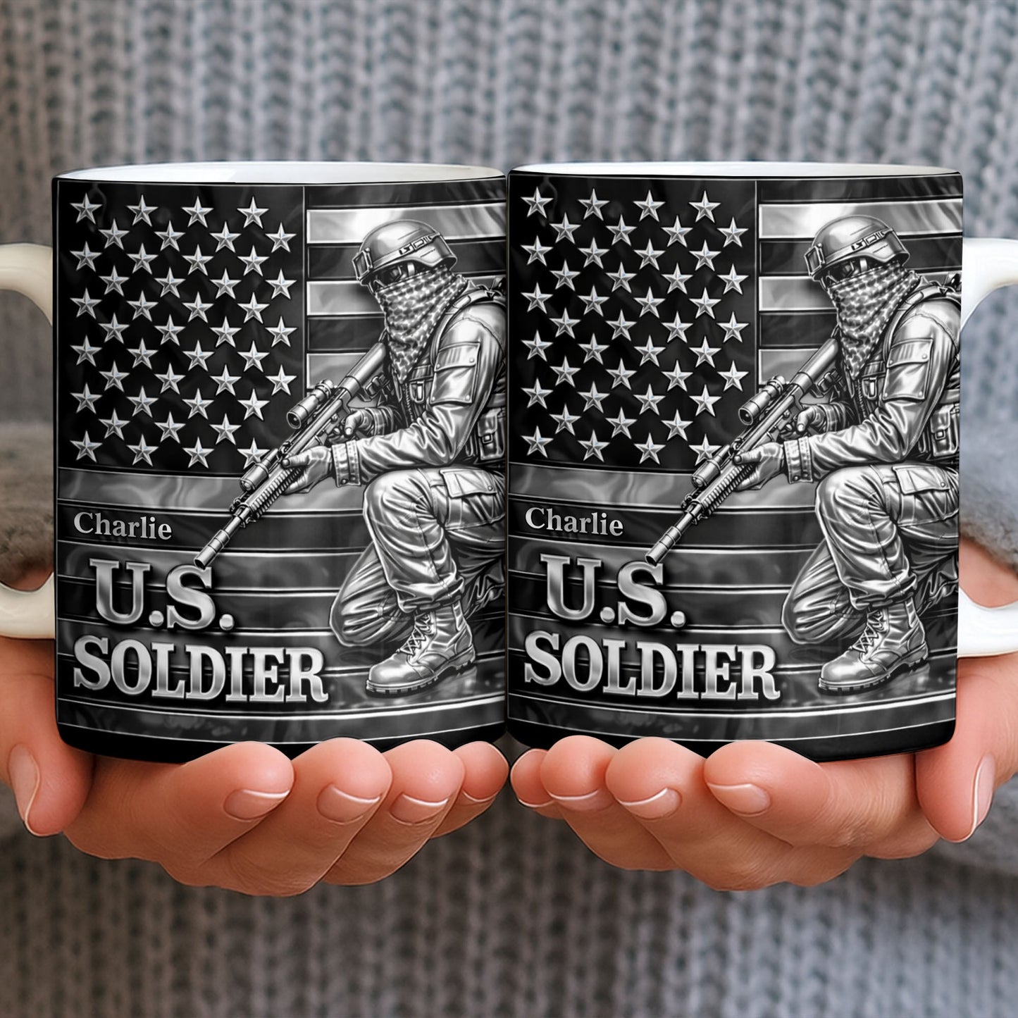 U.S. Soldier With American Flag - Personalized Custom Coffee Mug - VTR004_MG