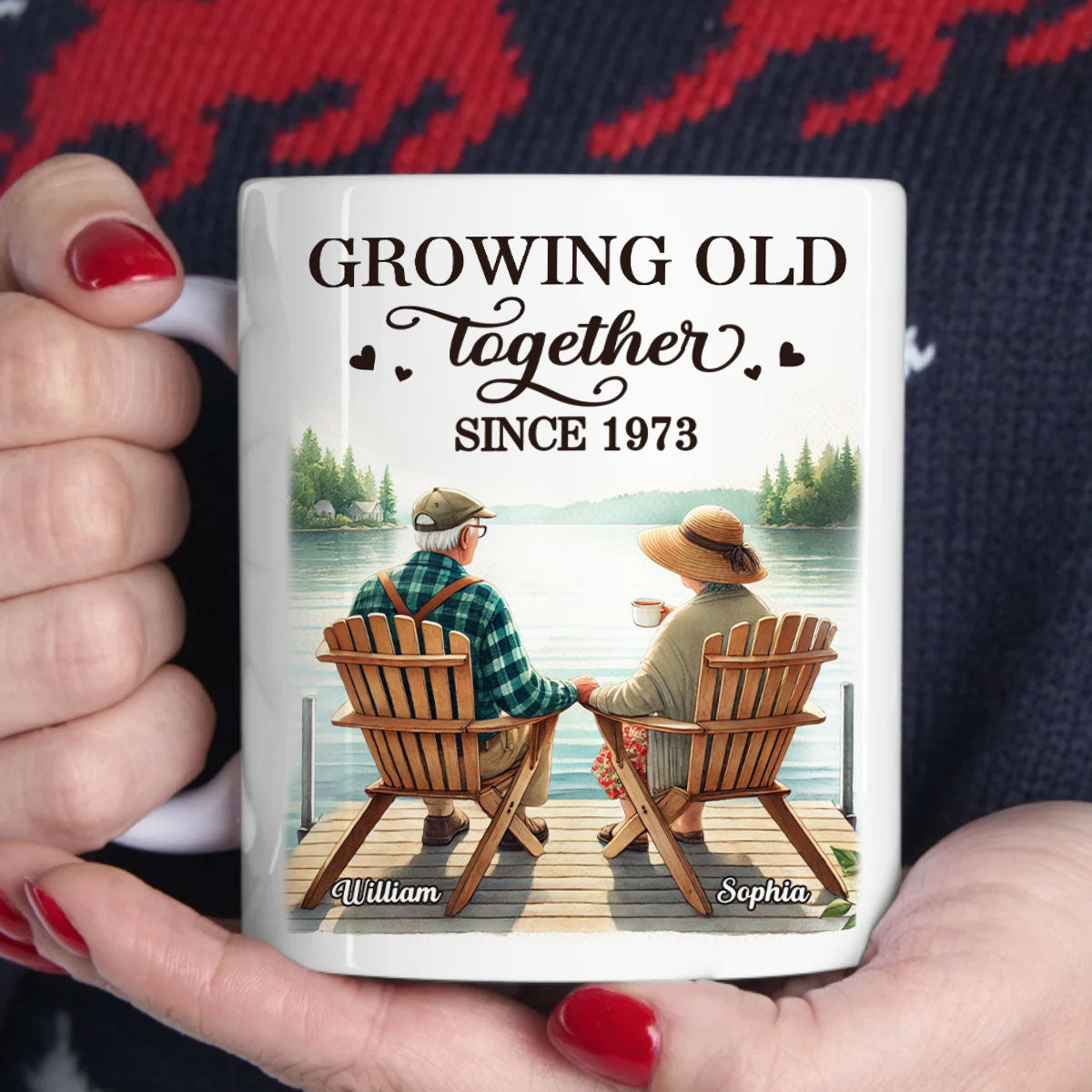 Back View Old Couple Sitting Together On The Lake Dock Personalized Mug, Heartfelt Gift For Him, For Her, Husband, Wife