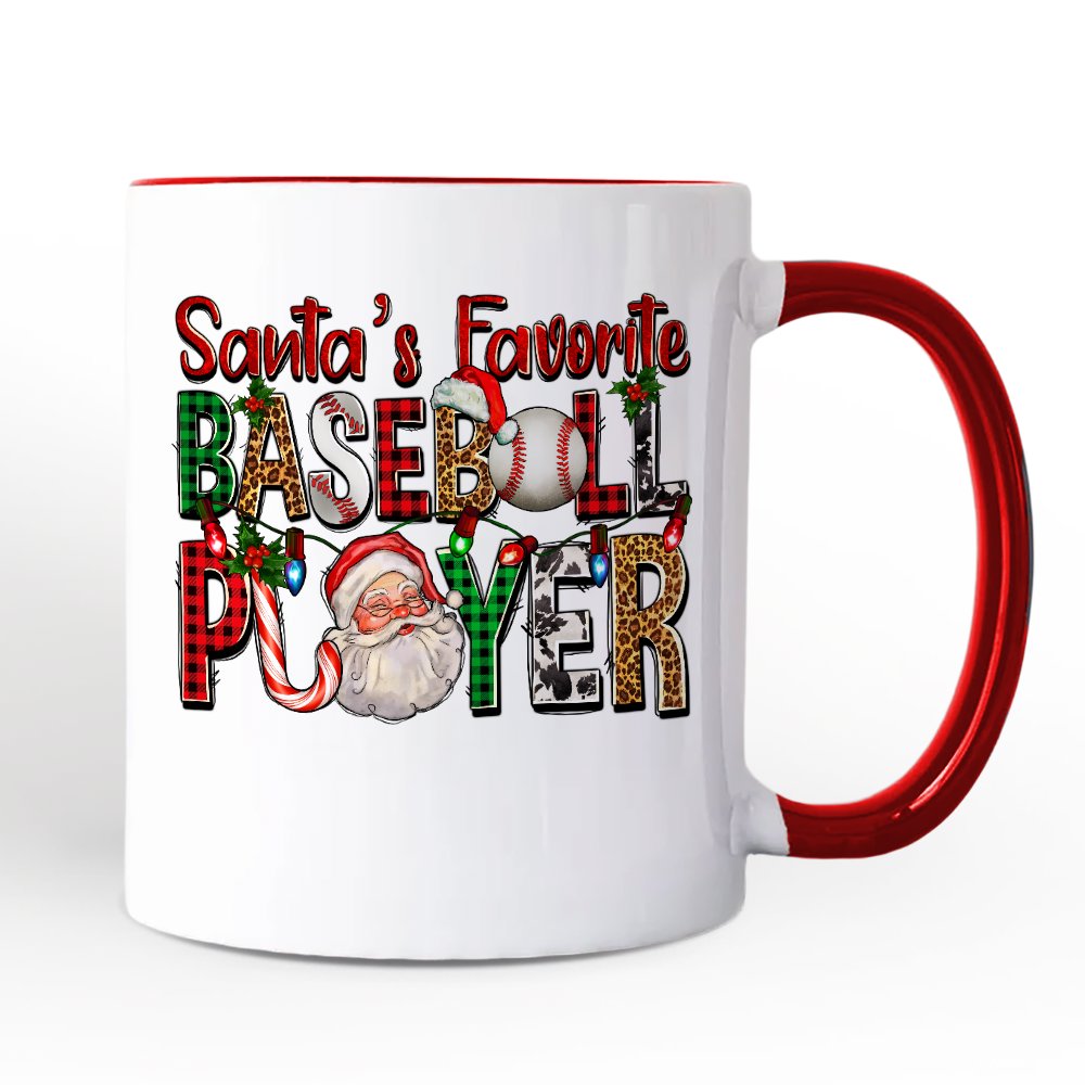 Santa's Favorite Baseball Player Personalized Mug, Plaid Christmas Athelete Gift with Custom Name