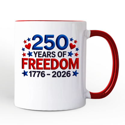 250 Years Freedom Faux Varsity Patch Personalized Mug, 4th of July USA Patriotic 1776-2026 Gift with Custom Name