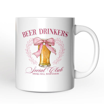 Beer Drinkers Social Club Personalized Mug, Coquette Pink Bow Gift with Custom Name for Girly Summer Bachelorette Vibes