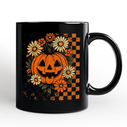 Checkered Floral Pumpkin Personalized Mug, Retro Preppy Halloween Gift with Custom Name for Spooky Season Vibes