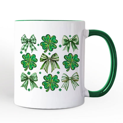 Coquette Clover Bows St Patrick's Day Personalized Mug, Green Irish Lucky Shamrock Gift with Custom Name