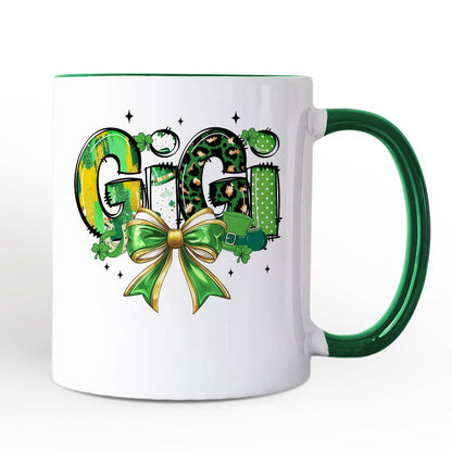 Coquette Gigi Bow St Patrick's Day Personalized Mug, Green Lucky Shamrock Clover Gift with Custom Name