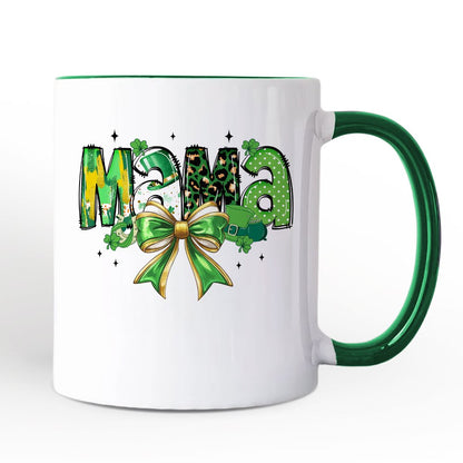 Coquette Mama Bow St Patrick's Day Personalized Mug, Green Lucky Shamrock Clover Gift with Custom Name