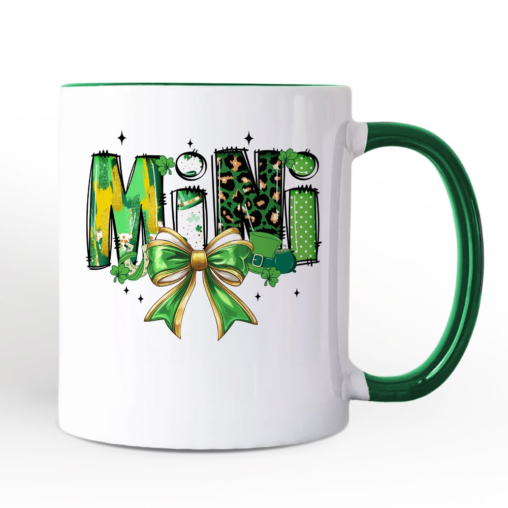 Coquette Mini Clover Bow St Patrick's Day Personalized Mug, Green Lucky Shamrock Clover Gift with Custom Name