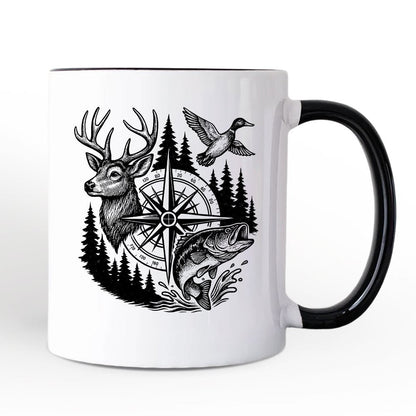 Deer Duck Fishing Hunting Personalized Mug, Camo Vintage Compass Outdoors Gift with Custom Name