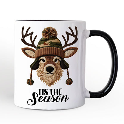 Deer Head Camo Hat Christmas Personalized Mug, Imitation Latch Hook Yarn Cozy Hunting Season Gift with Custom Name