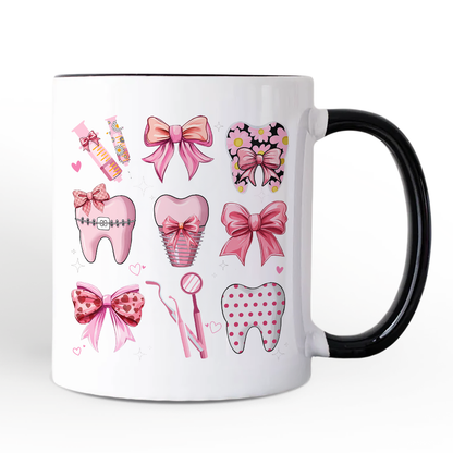 Dental Squad Coquette Personalized Mug, Pink Teeth Dentist Life Bow Gift with Custom Name