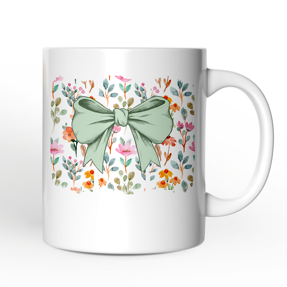 Floral Coquette Bow Personalized Mug, Cute Spring Preppy Girly Flowers Gift with Custom Name