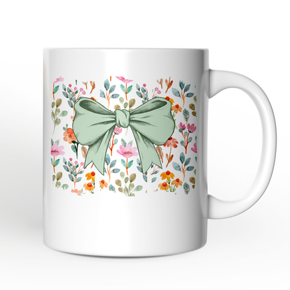 Floral Coquette Bow Personalized Mug, Cute Spring Preppy Girly Flowers Gift with Custom Name