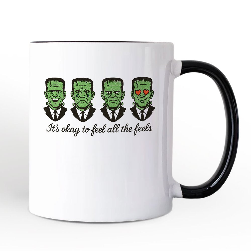 Frankenstein It's Okay To Feel All The Feels Personalized Mug, Funny Mental Health Feelings Gift with Custom Name