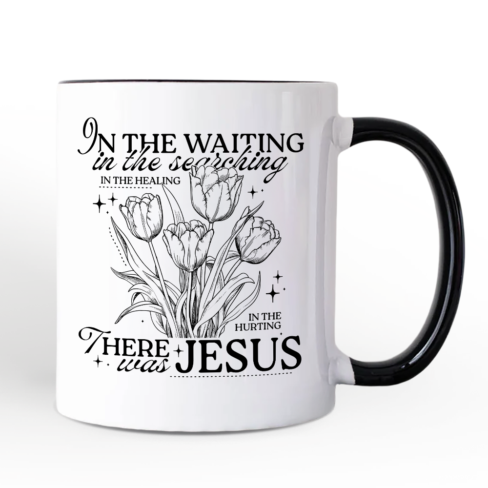 In the Waiting There Was Jesus Personalized Mug, Christian Faith Floral Inspirational Gift with Custom Name