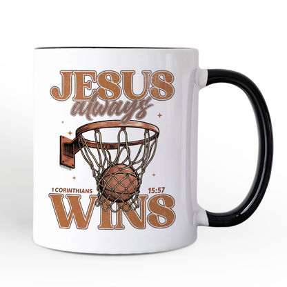 Jesus Always Wins Christian Basketball Personalized Mug, Retro Motivational Bible Verse Gift with Custom Name