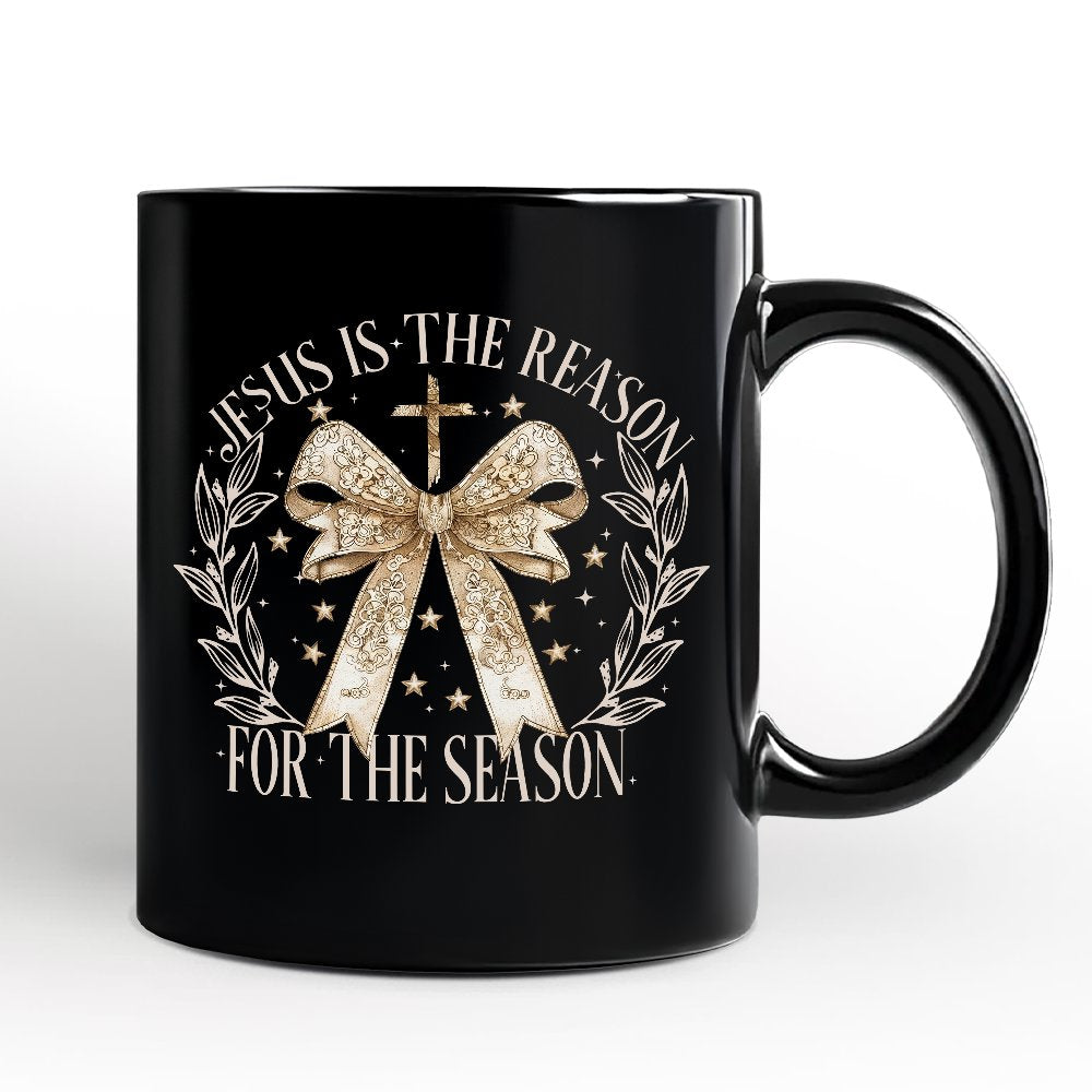 Jesus Is the Reason Christmas Personalized Mug, Coquette Gold Bow Cross Gift with Custom Name