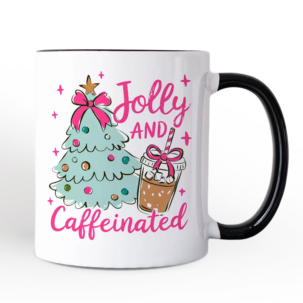 Jolly and Caffeinated Christmas Personalized Mug, Retro Coquette Coffee Holiday Gift with Custom Name