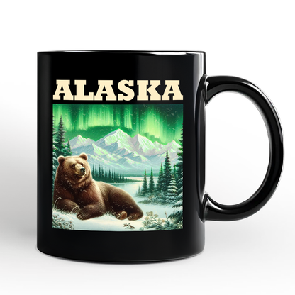 Majestic Alaska State Wilderness Vintage Personalized Mug, Northern Lights Grizzly Bear Gift and Nature Souvenir with Custom Name