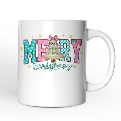 Merry Christmas Coquette Tree Personalized Mug, Preppy Retro Holiday Gift with Custom Name