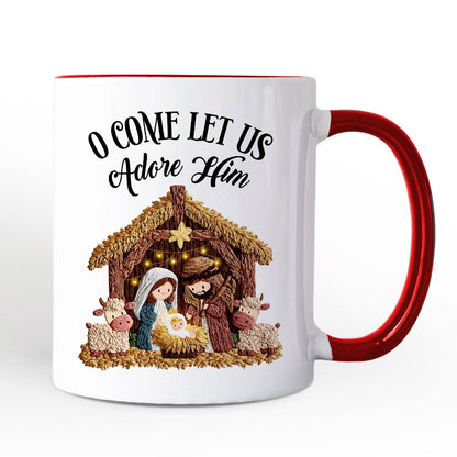Nativity Holy Family Jesus Christmas Personalized Mug, Imitation Latch Hook Yarn Cozy Christian Gift with Custom Name