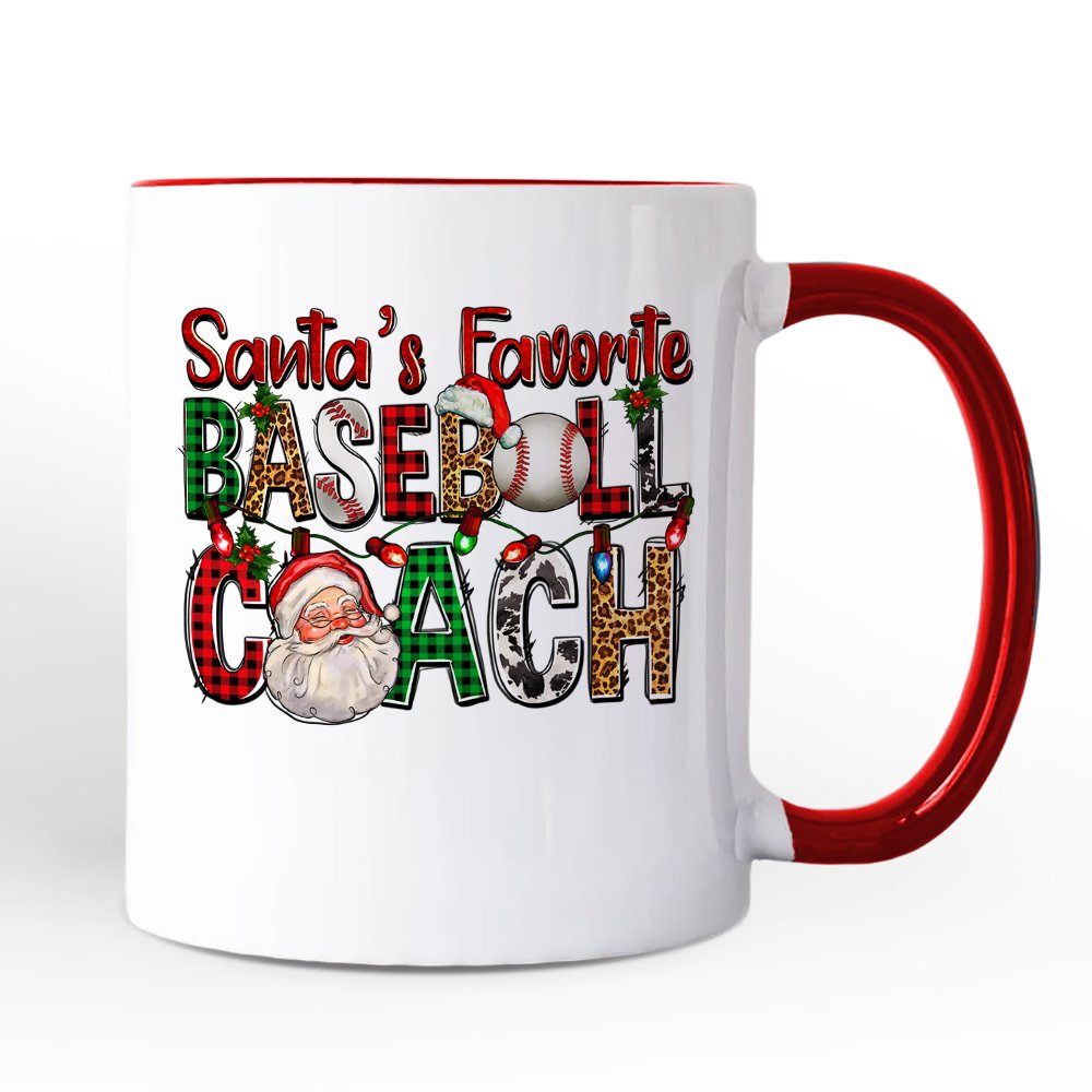 Santa's Favorite Baseball Coach Personalized Mug, Plaid Christmas Athelete Gift with Custom Name