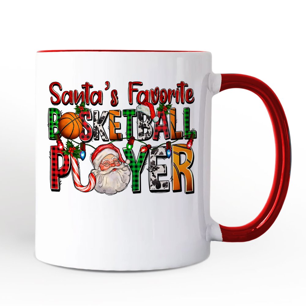 Santa's Favorite Basketball Player Personalized Mug, Plaid Christmas Athelete Gift with Custom Name