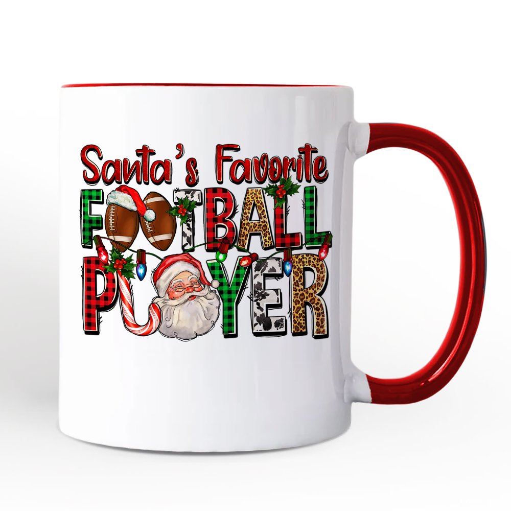 Santa's Favorite Football Player Personalized Mug, Plaid Christmas Athelete Gift with Custom Name