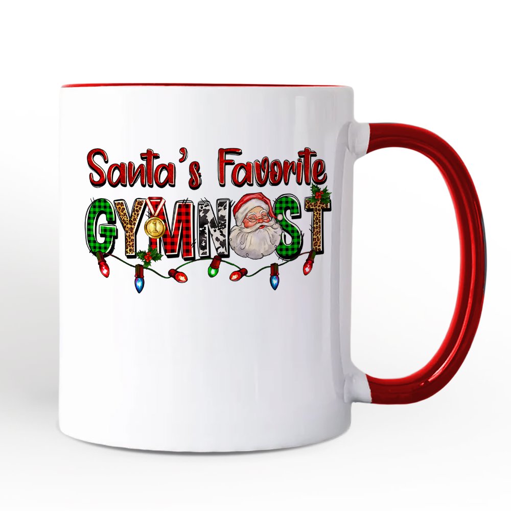 Santa's Favorite Gymnast Personalized Mug, Plaid Christmas Athelete Gift with Custom Name