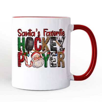 Santa's Favorite Hockey Player Personalized Mug, Plaid Christmas Athelete Gift with Custom Name